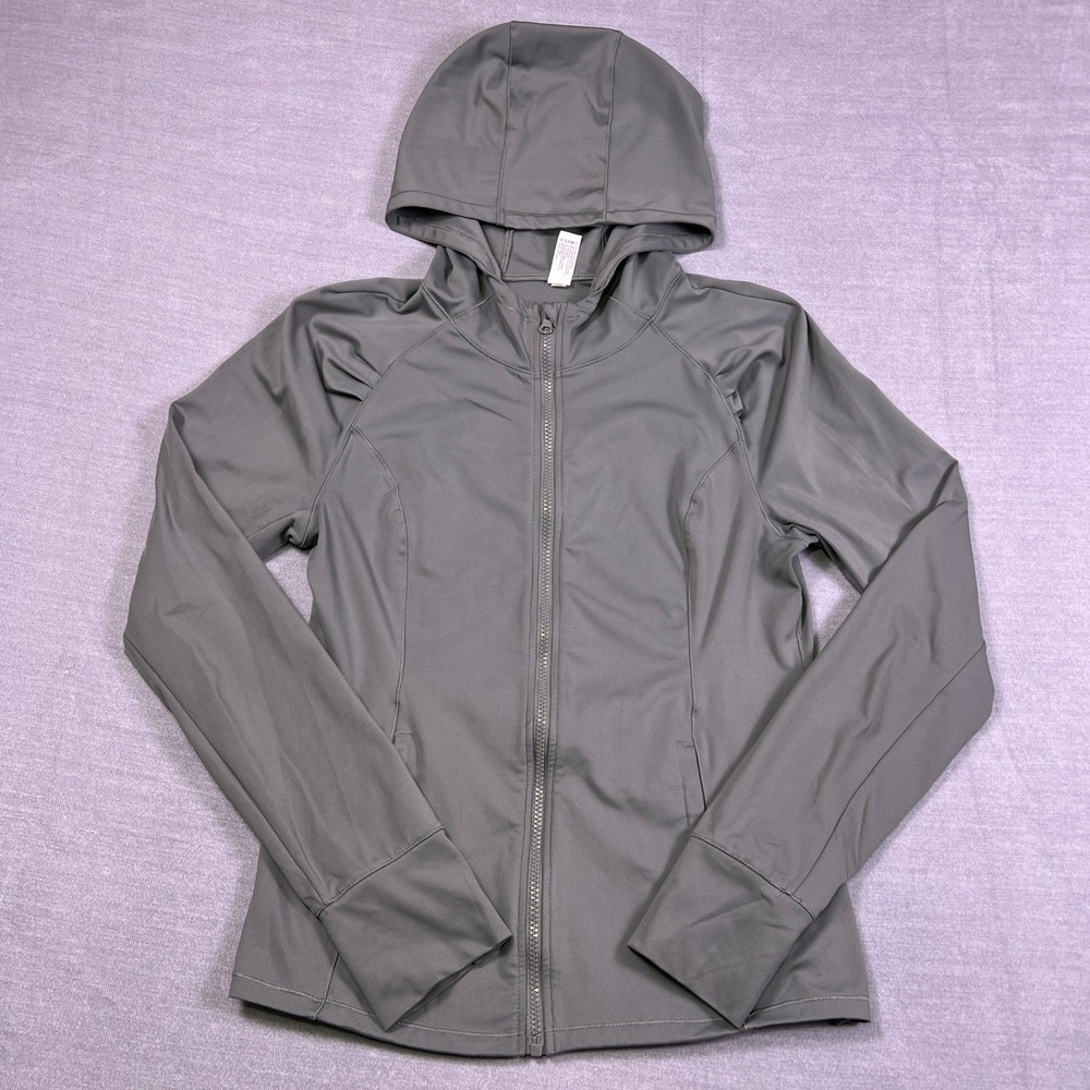 Yogalicious Active Full Zip Thumbhole Hooded Jacket Womens XL Gray Polyester